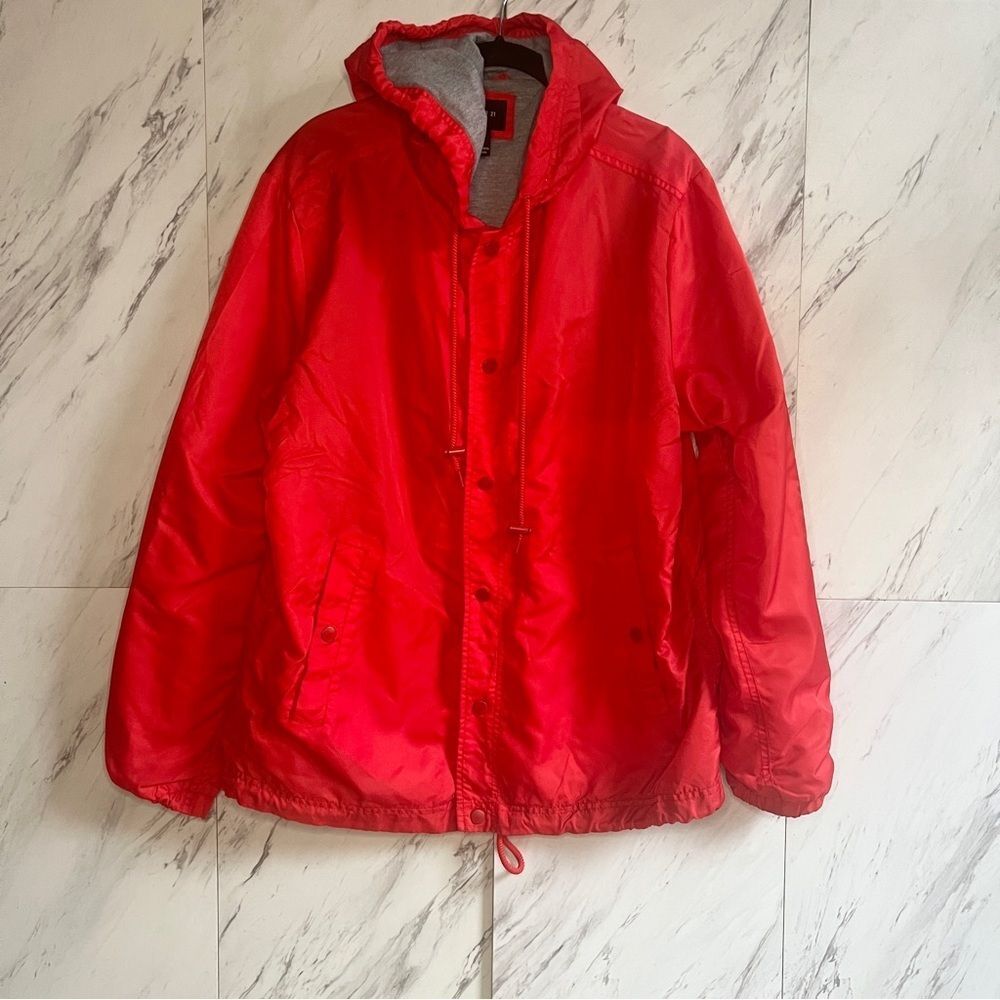 3/$50 Forever 21 Mens Large Red Nylon Windbreaker Jacket Jersey Lined Snap Front